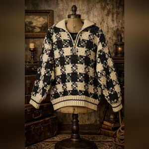 Vintage Handmade Men’s Wool Knit Sweater • Chunky Knit • Wood Buttons • Rustic